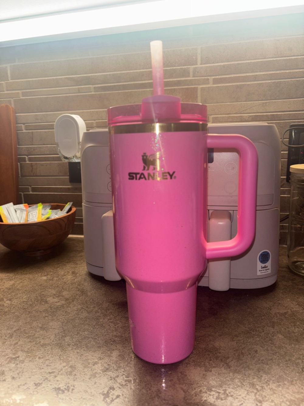 Glenda Stanley Pink Travel Mug with Handle and Reusable Straw